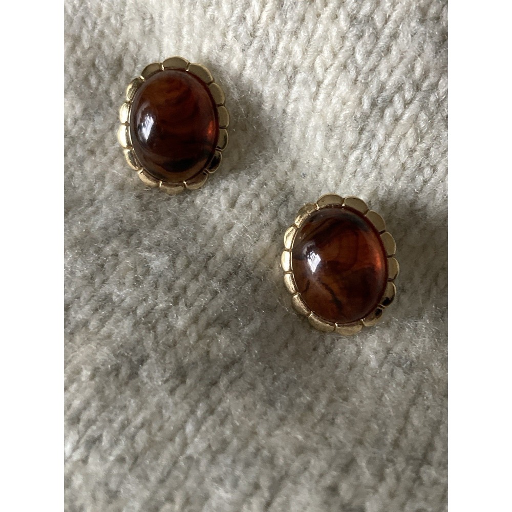 Gold Tone Faux Tortoiseshell Earrings Oval Cabochon Elegant Classic Earthy‎